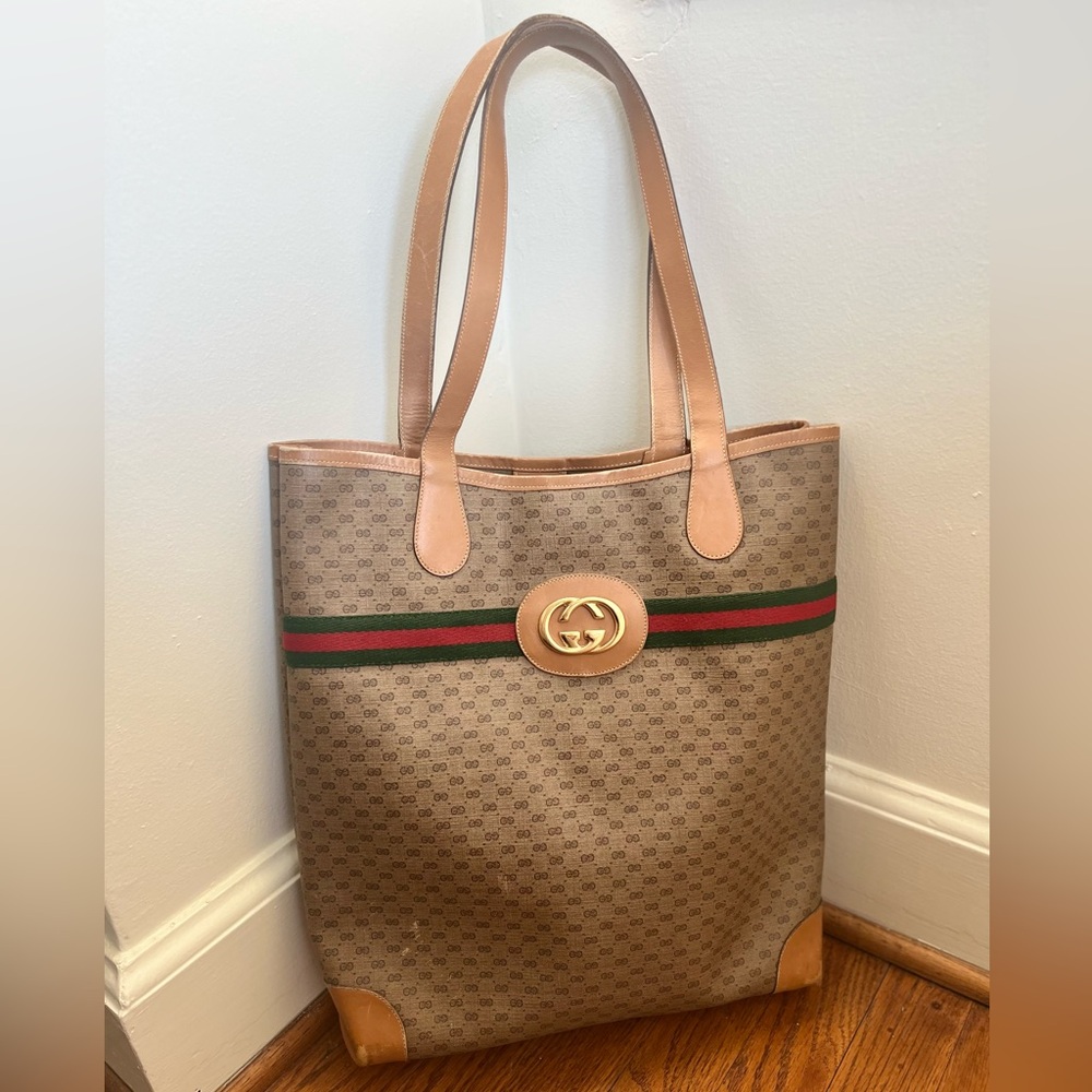 Vintage GUCCI Micro GG Supreme Web Sherry Line Large Tote Bag PVC Beige